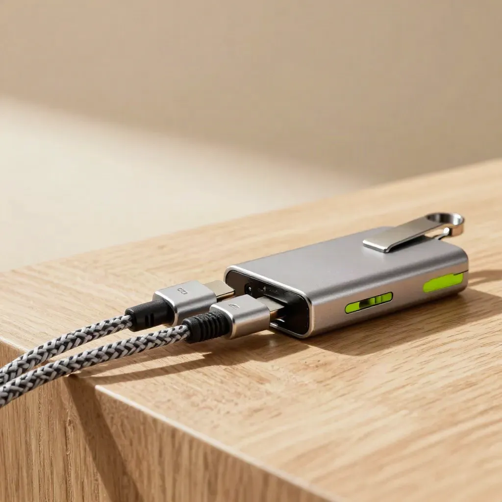 USB-C-hubb, ethernetkabel och kabelklämma på ljus träyta i mjukt dagsljus.