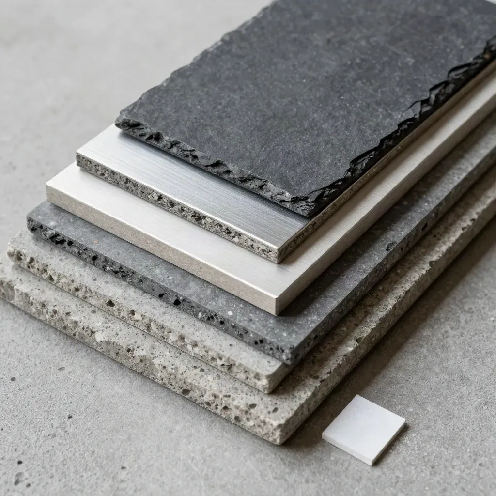 Stenprover, aluminiumlister och en skifferbit i en ren arkitektonisk flatlay.