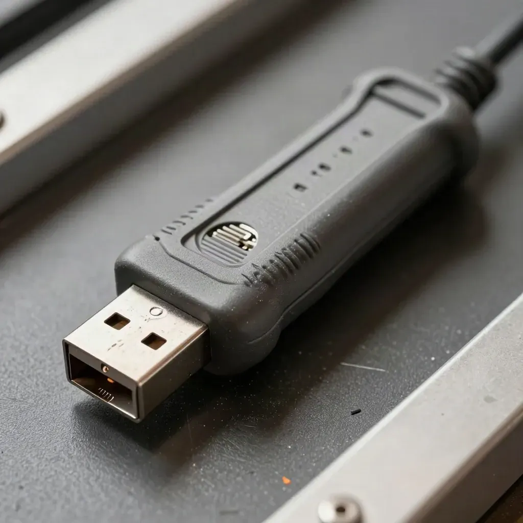 Närbild av USB-kabeltestare med RJ45-kontakt och Torx-bit på grafitgrå yta.