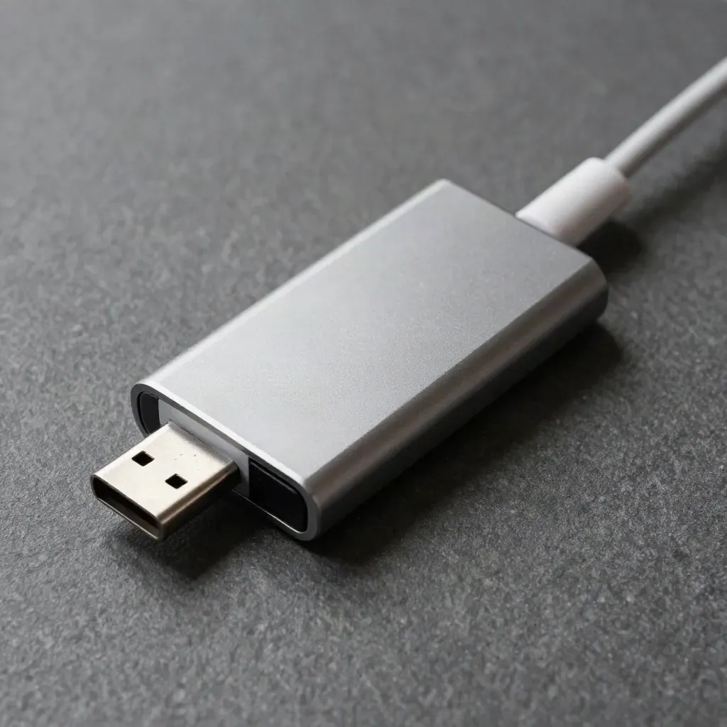 Top-down närbild av USB-C-installationssticka, extern kapsling och adapterkabel på grafitgrå sten.