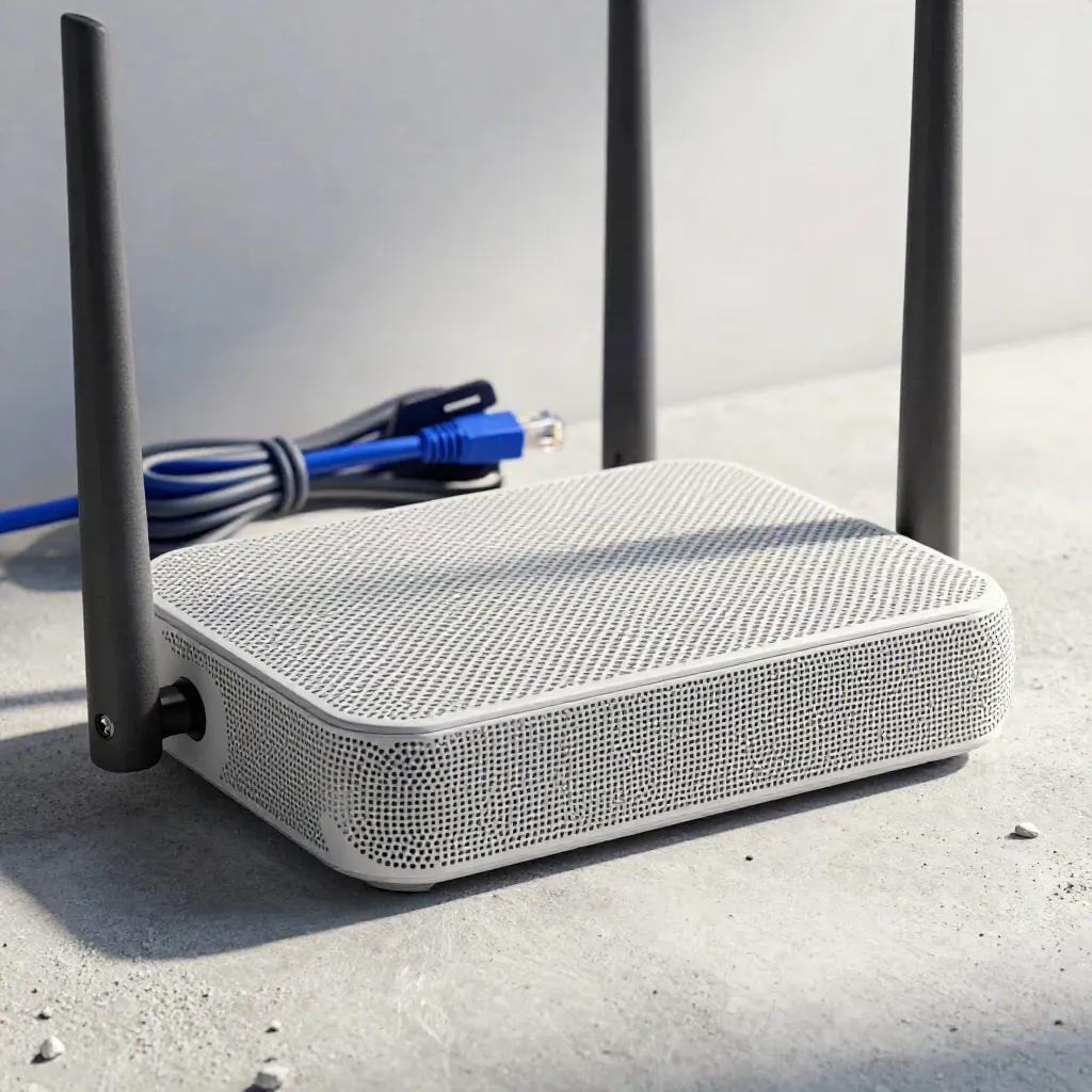 Meshrouter, ethernetkabel och väggfäste på ljus betong i mjukt dagsljus.