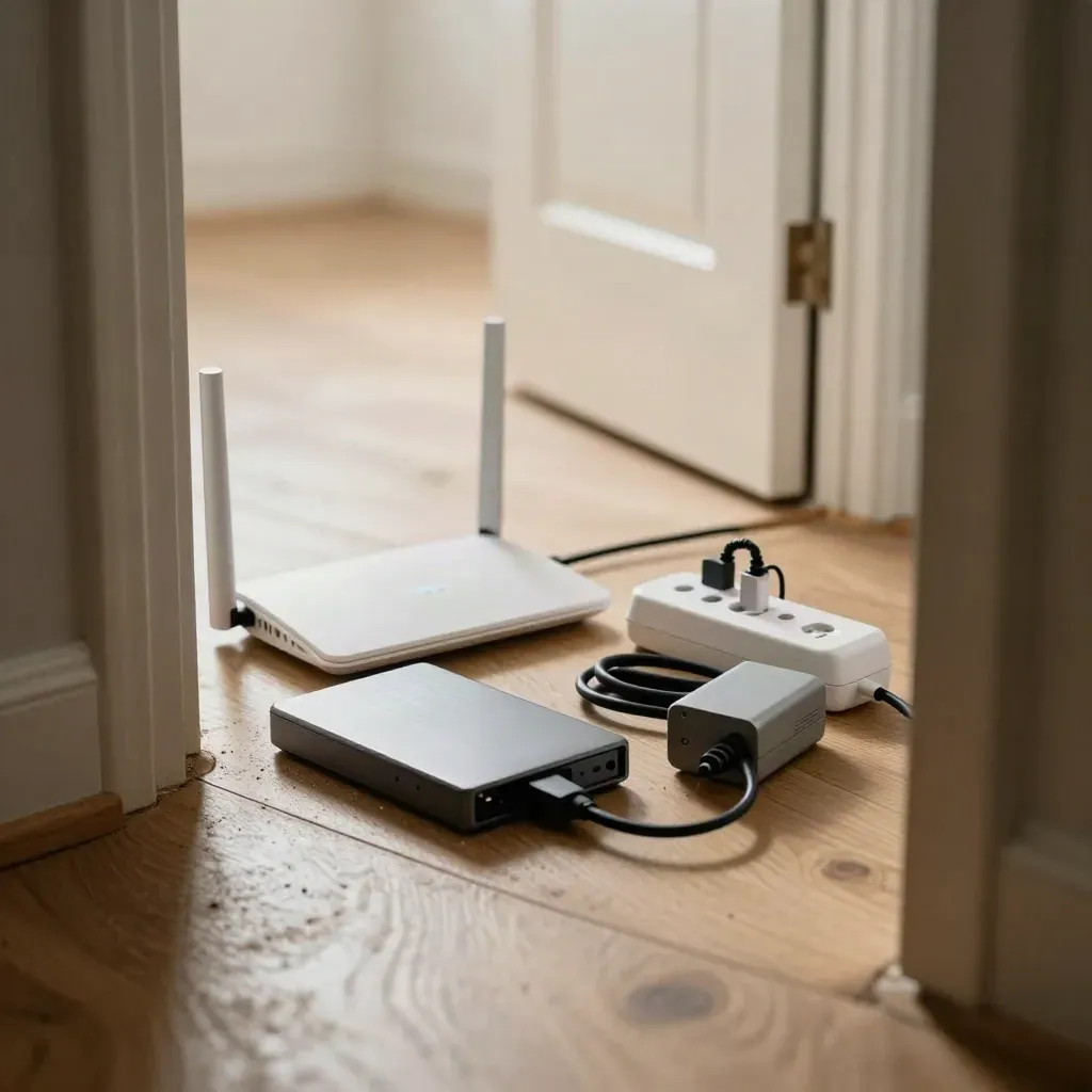 Router, backupdisk, grenuttag och laddare vid en dörröppning i mjukt dagsljus.