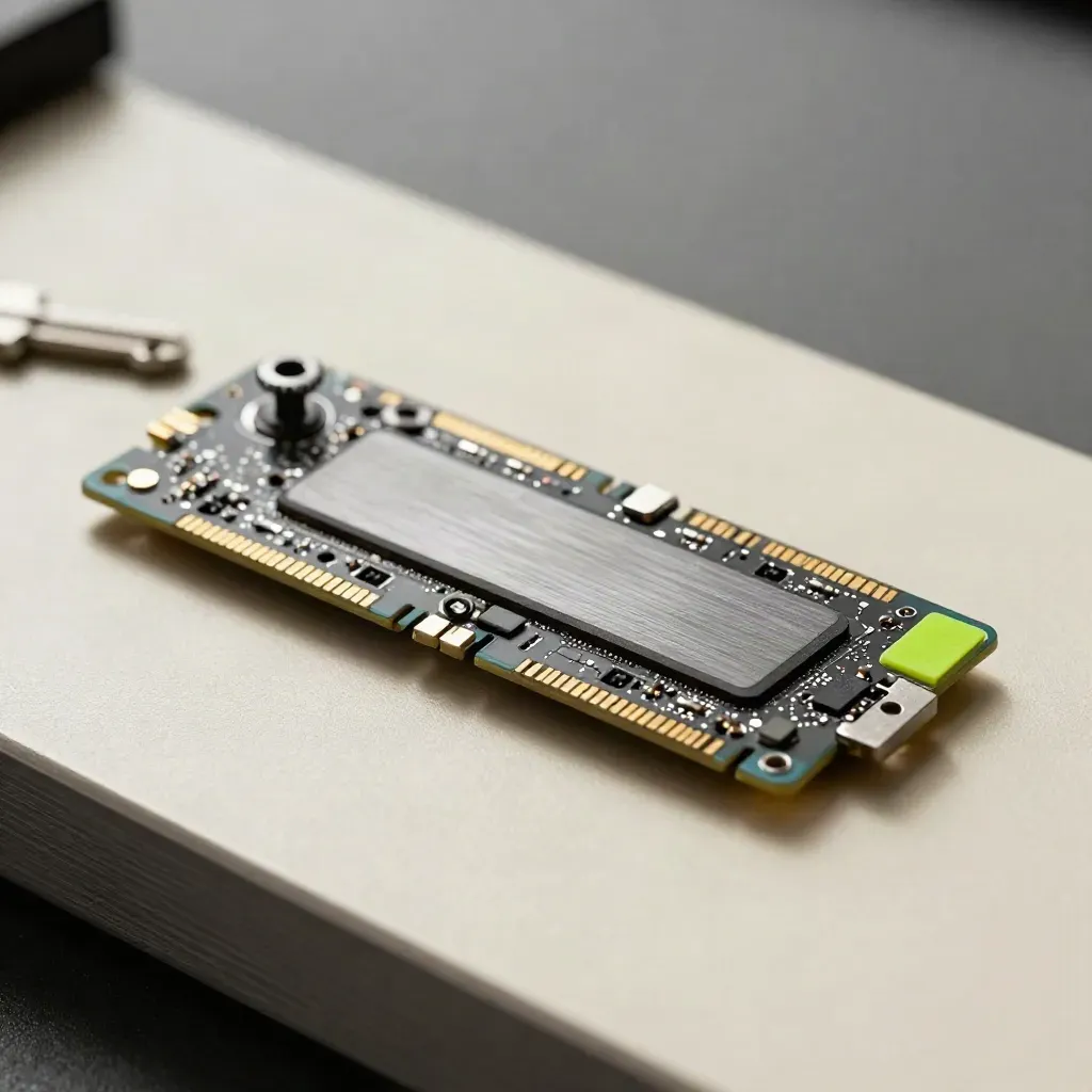 Närbild av NVMe SSD med skruv, termopad och aluminiumstandoff på ljus grå yta.