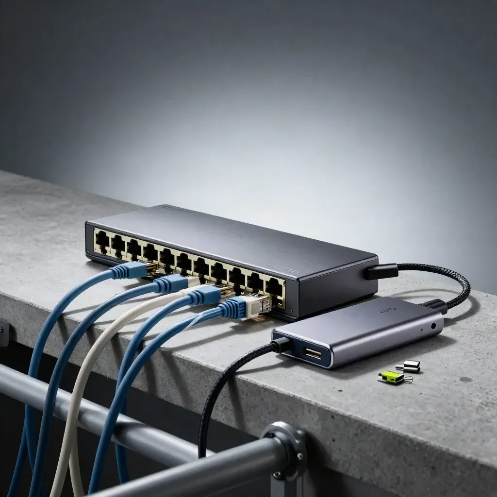 Nätverksswitch, USB-C-docka och kablar bakom en suddig rackkant i dramatisk studiobelysning