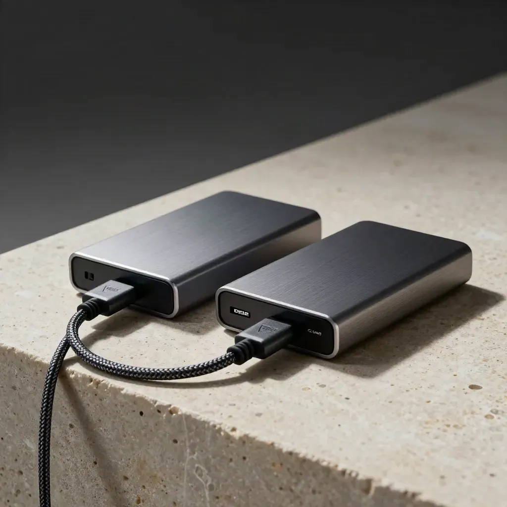 Två externa backupdiskar och en flätad USB-kabel på ljus sten i studio.