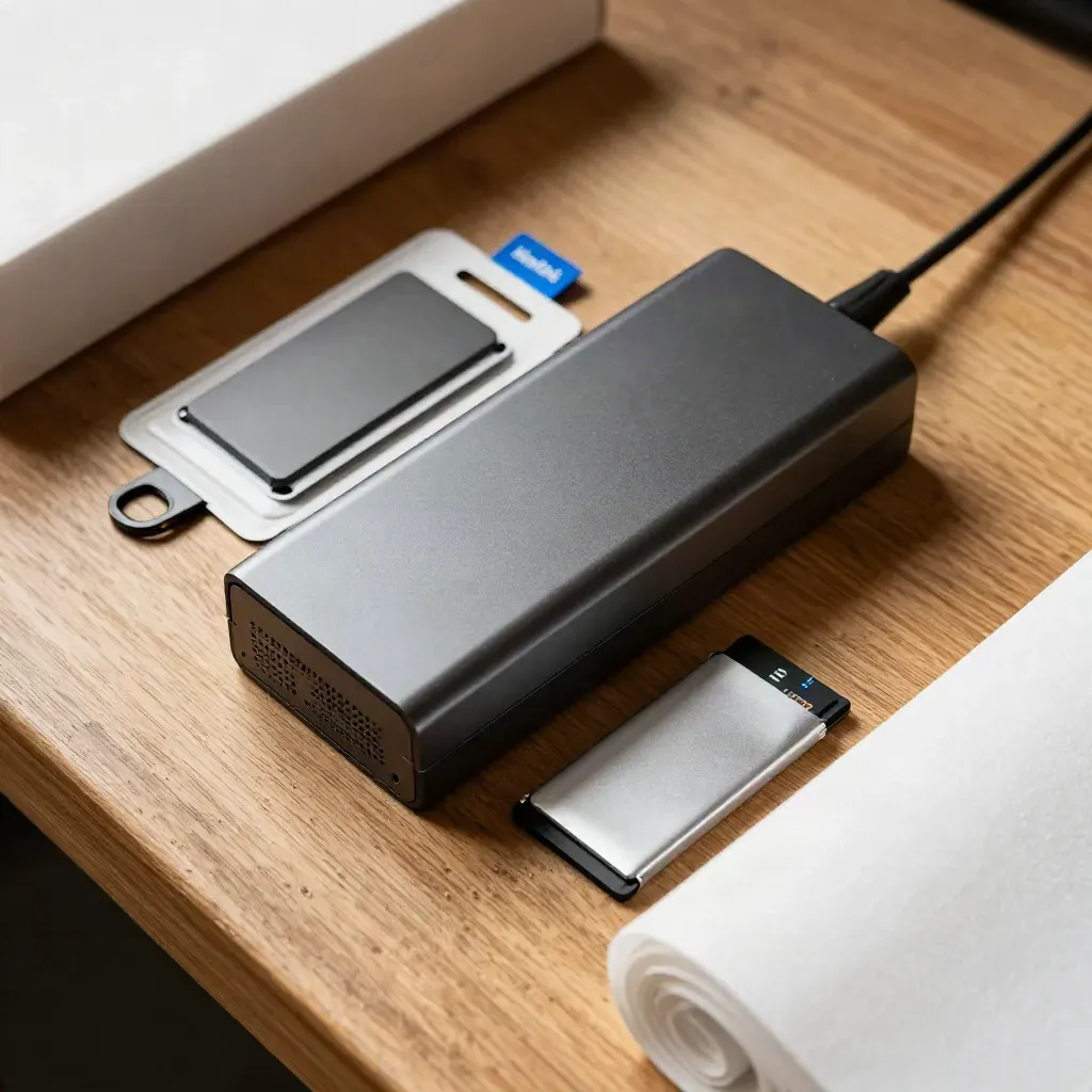 Topdown av laddare, SSD, Wi‑Fi-kort och skumförpackning på ljus träyta.