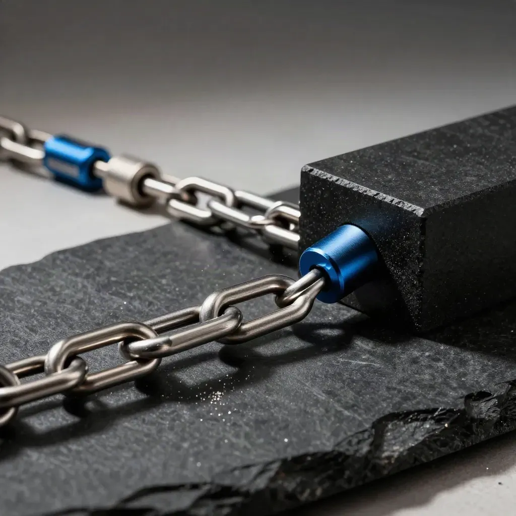 Länkade metallringar, kabelkopplingar och en modulblock på svart sten i dramatiskt ljus.