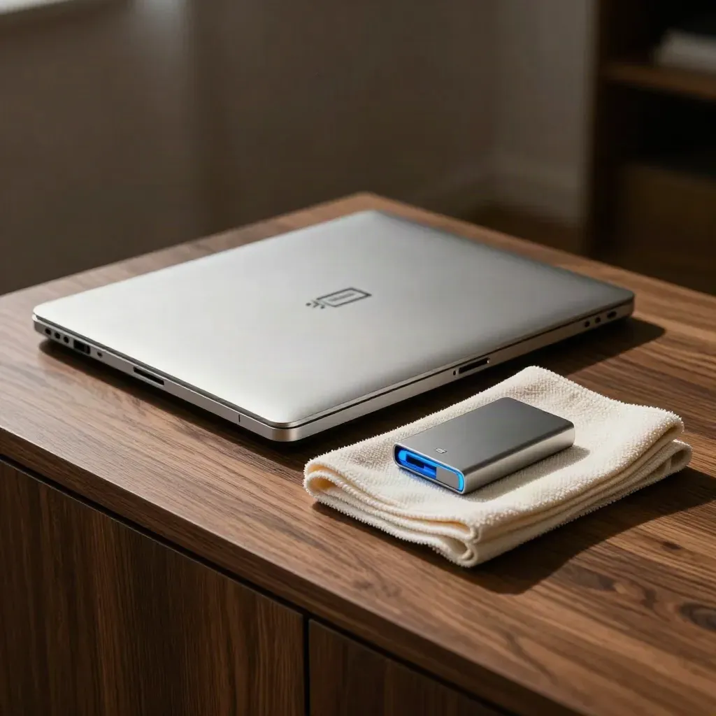 Stängd silverlaptop, backup-disk och mikrofiberduk på valnötsskänk i mjukt dramatiskt ljus.