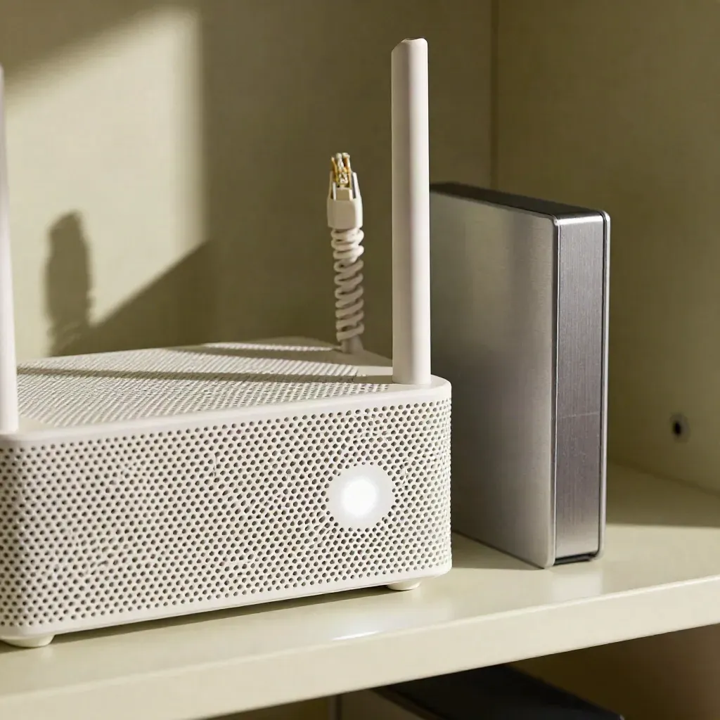 Meshrouter, ethernetkabel och extern hårddisk i en ljus kontorshörna.
