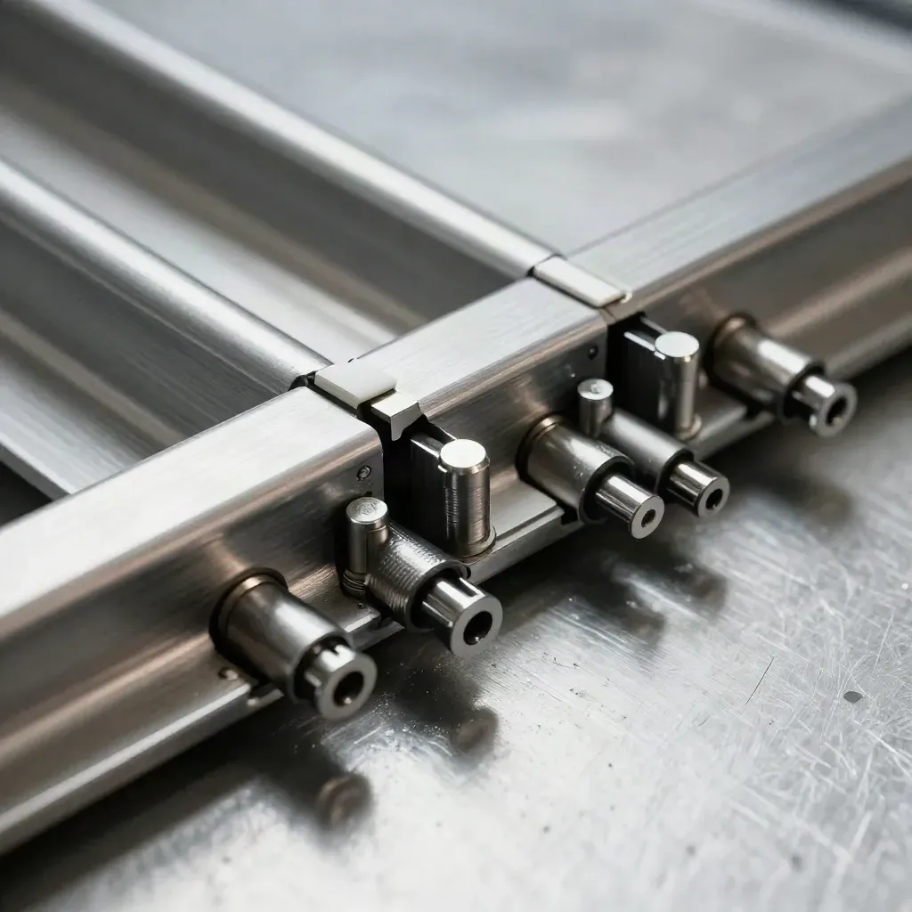 Täta metallrälsar och små kontakter i diagonalt close-up på borstad aluminium.